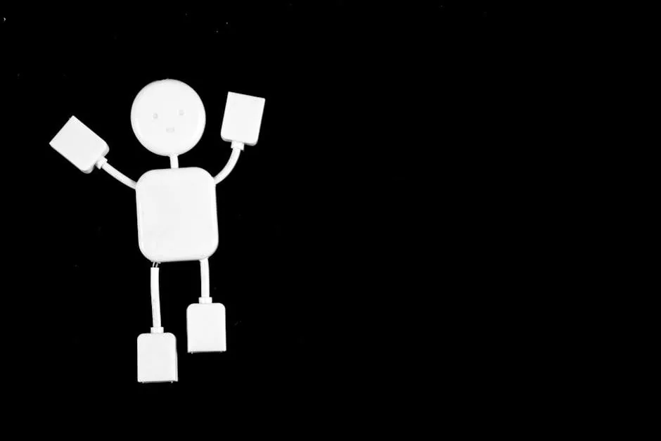 A white robot figure on a black background with ample copy space.