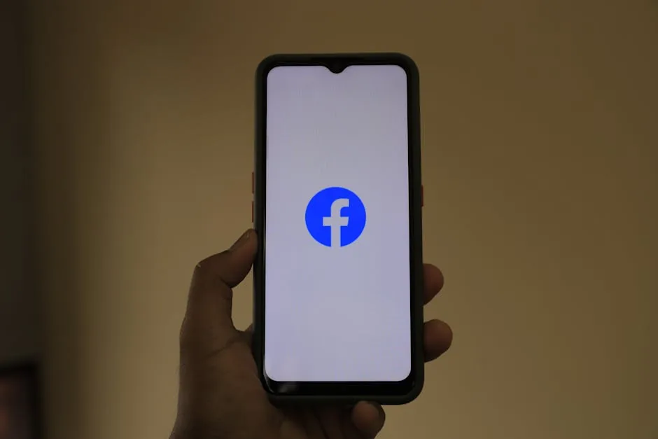 A smartphone held in hand showing the Facebook logo on its screen.