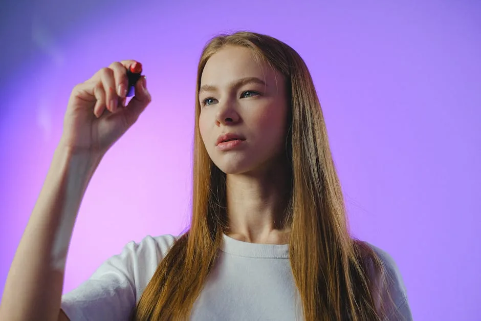 Studio portrait of a teenage girl holding a pen against a purple backdrop, looking contemplative.