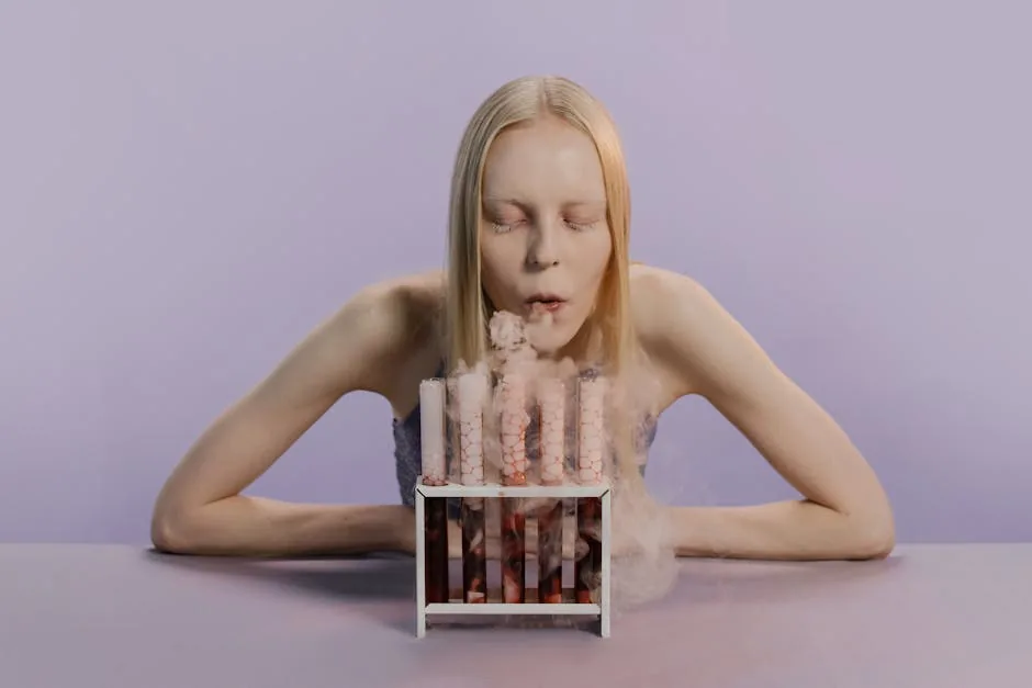 A creative portrayal of a woman interacting with smoking test tubes in a modern setup.