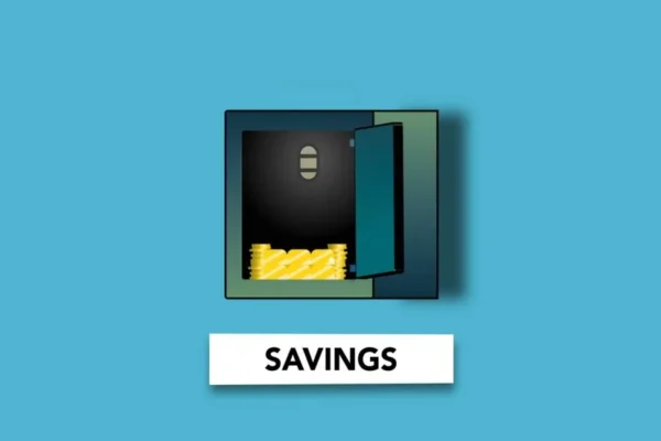 Decorative cardboard appliques of safe deposit with piles of coins above Savings inscription on blue background