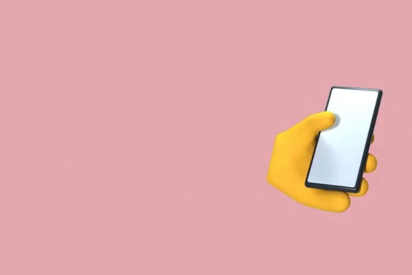 3D illustration featuring a yellow hand holding a smartphone against a pink background.