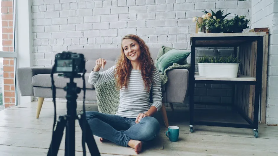 Smiling woman sitting on floor, recording video in cozy room.