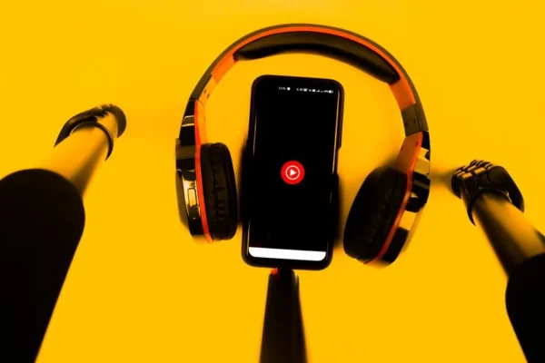 A smartphone with wireless headphones and microphone set against a vibrant yellow background.