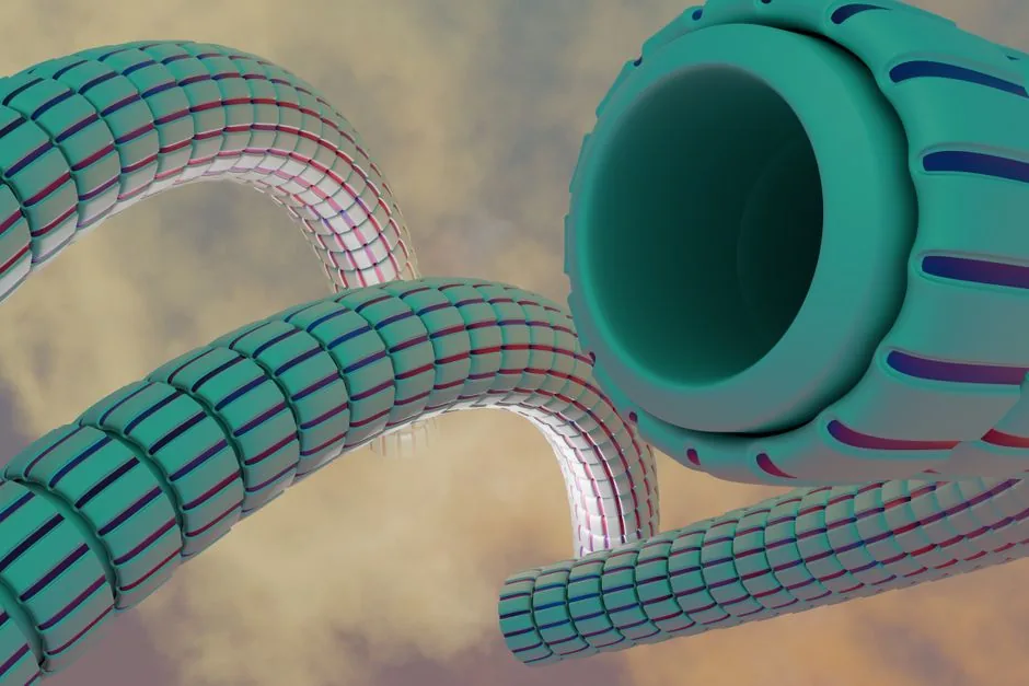 A visually striking 3D render of intertwined futuristic tubes against a cloudy sky.