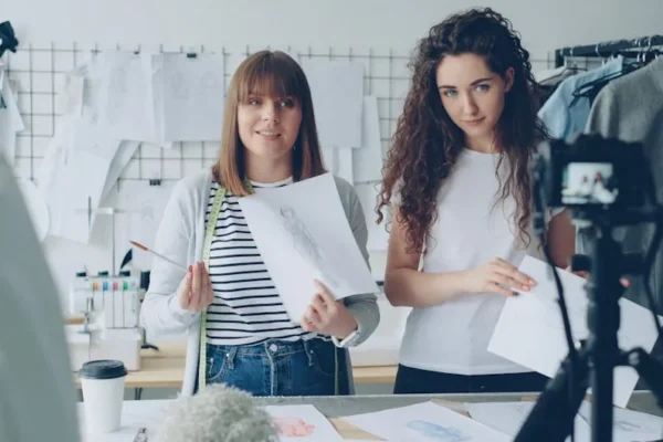 Two female fashion designers showcasing sketches in a design studio with recorded video.