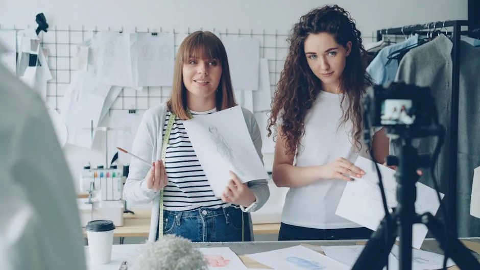 Two female fashion designers showcasing sketches in a design studio with recorded video.