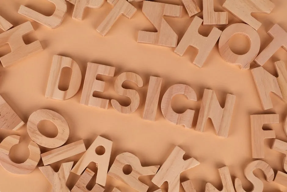 Wooden letters arranged to form the word 'design' on a brown background, top view.
