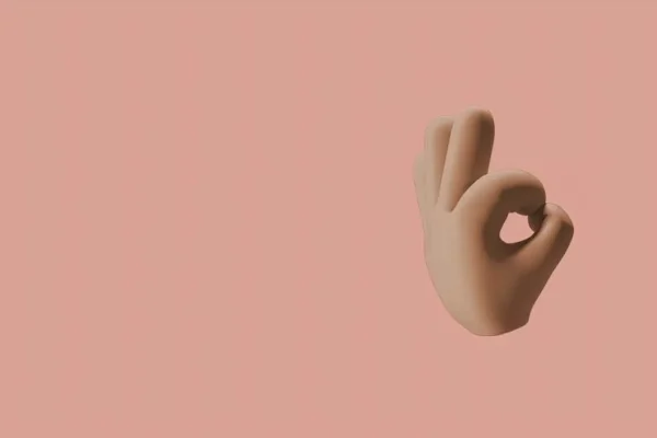 Minimalist 3D illustration of an 'OK' hand gesture on a beige background.