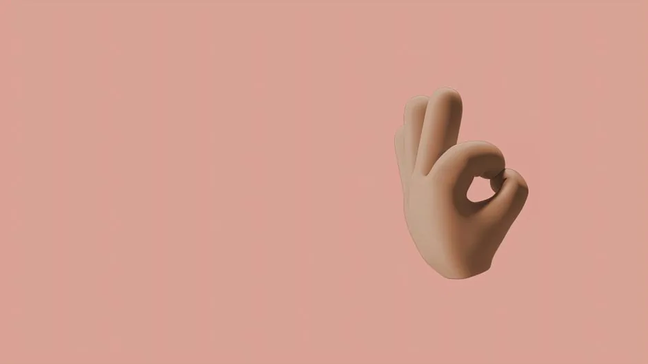 Minimalist 3D illustration of an 'OK' hand gesture on a beige background.