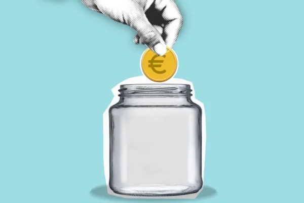 Decorative cardboard appliques of hand with euro coin above jar representing money saving process on blue background
