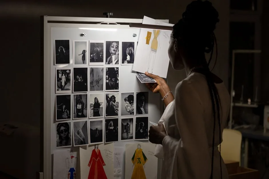 A fashion designer evaluating sketches and photos on a workspace board.
