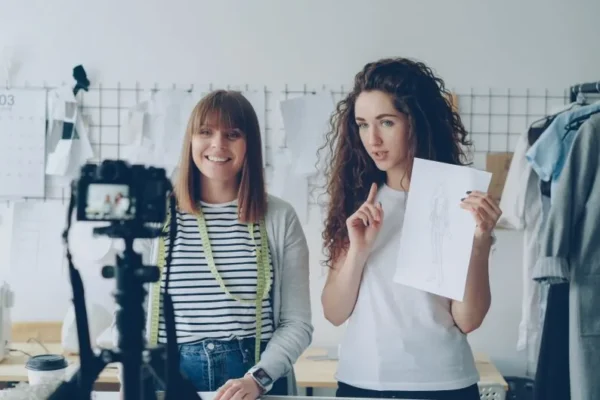 Two female designers filming a fashion tutorial for their vlog in a modern studio.