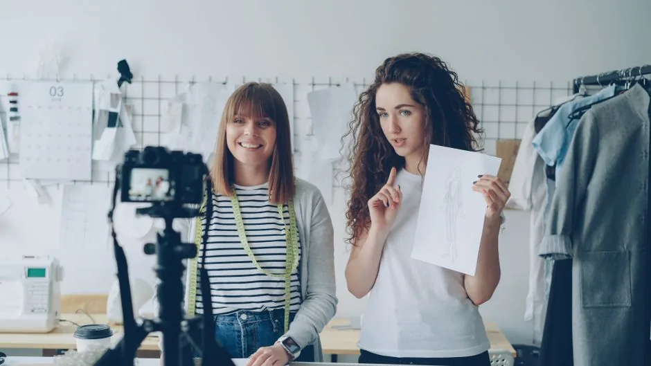 Two female designers filming a fashion tutorial for their vlog in a modern studio.