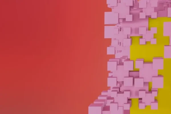 Creative 3D render of pink cubes on a vibrant red and yellow background, showcasing modern abstract geometry.