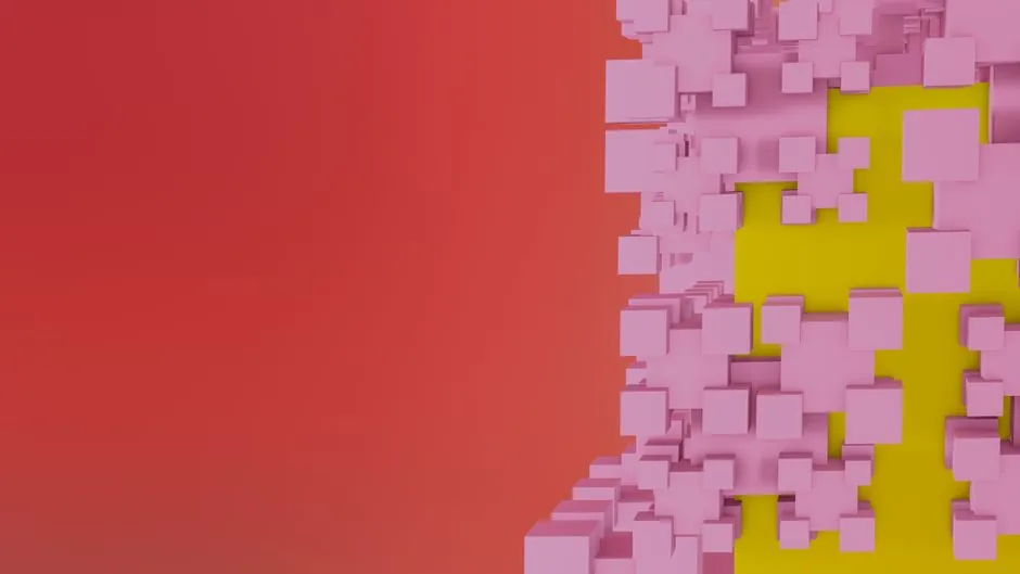 Creative 3D render of pink cubes on a vibrant red and yellow background, showcasing modern abstract geometry.