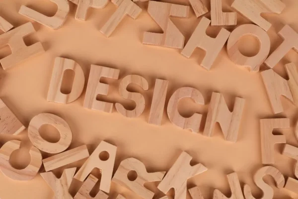 Wooden letters arranged to form the word 'design' on a brown background, top view.