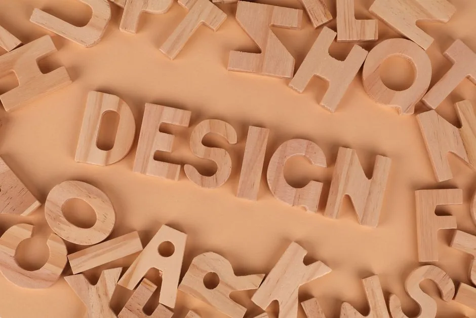 Wooden letters arranged to form the word 'design' on a brown background, top view.